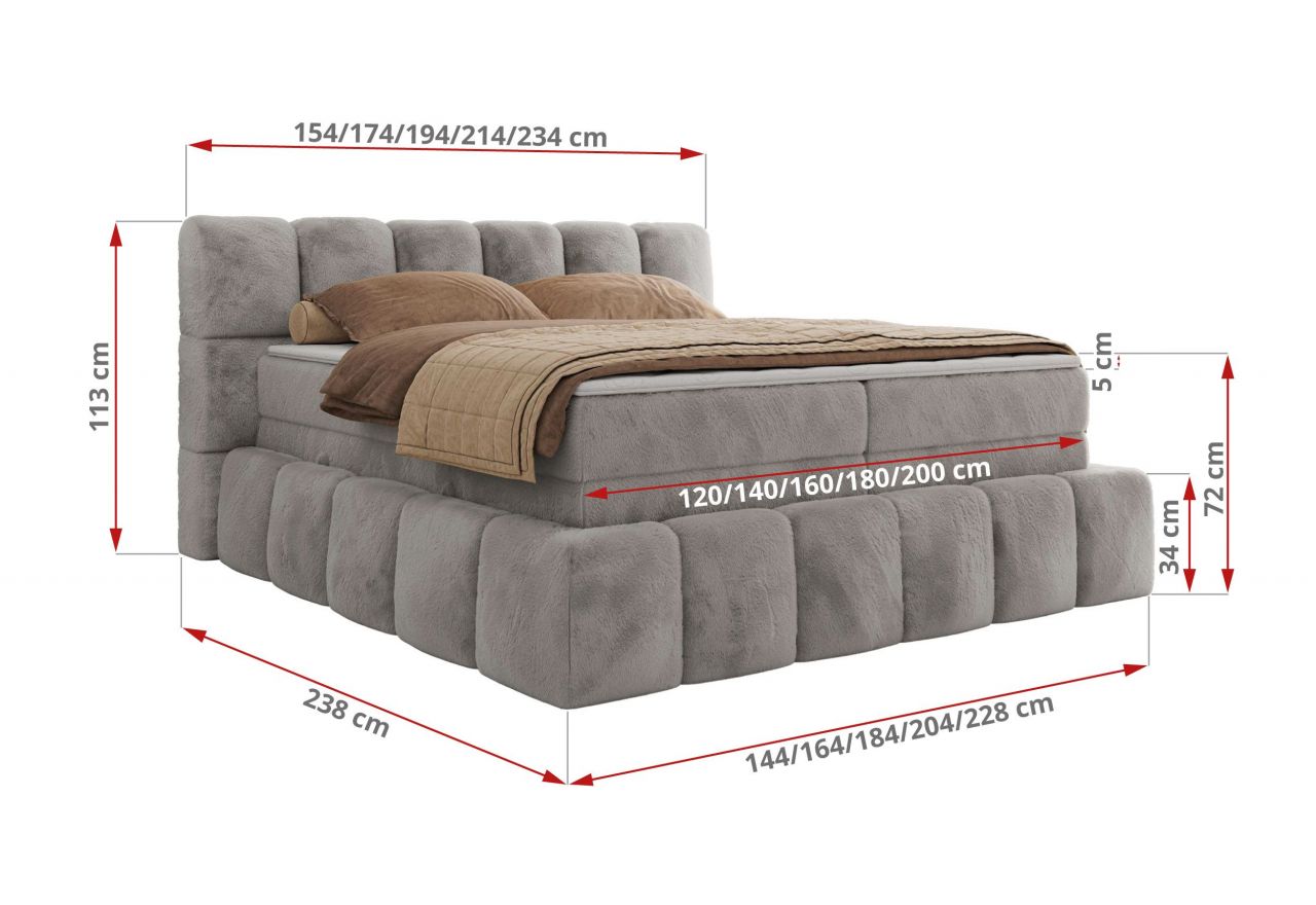 Łóżko kontynentalne - NIRA KING 120x200 - H3 - jasnoszary, plusz