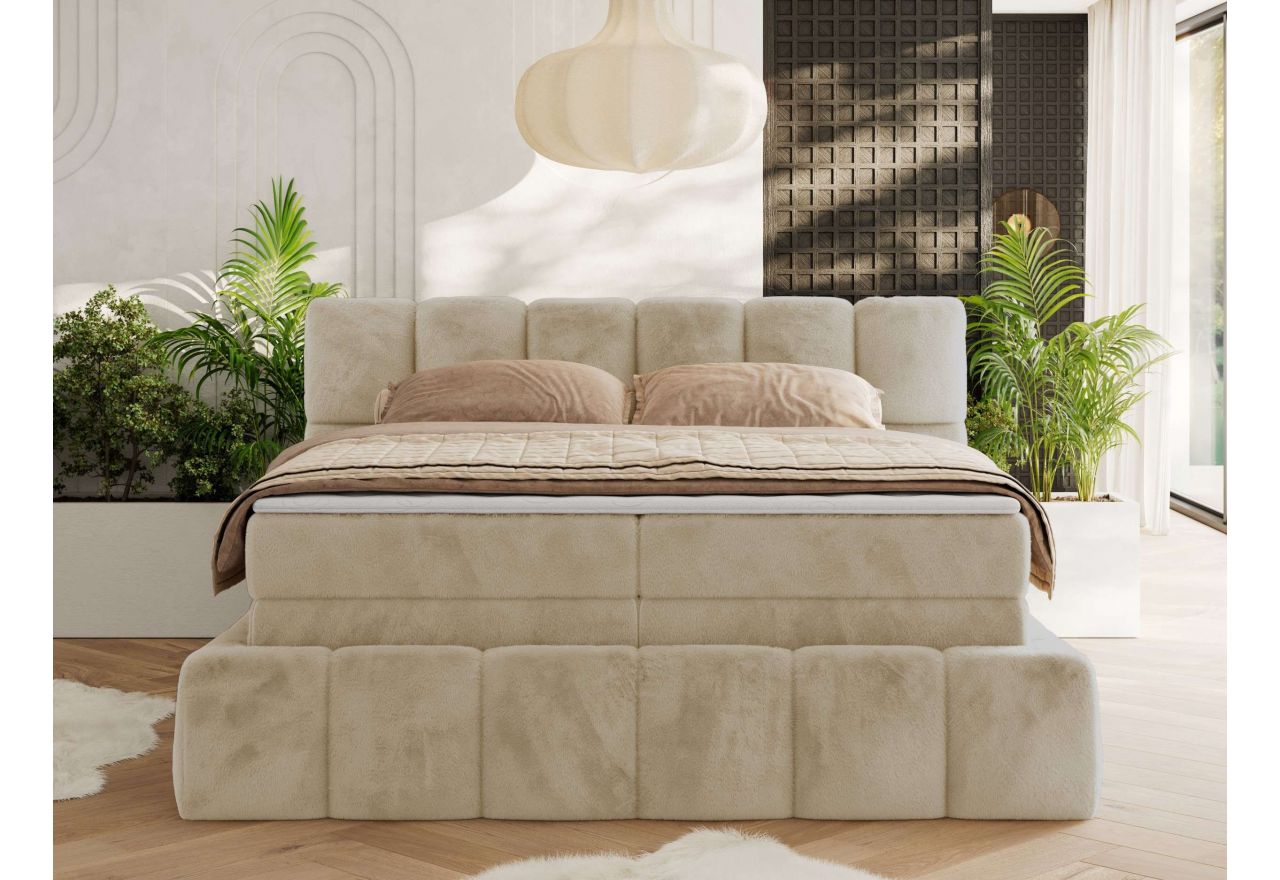 Łóżko kontynentalne - NIRA KING 180x200 - H4 - kremowy, plusz