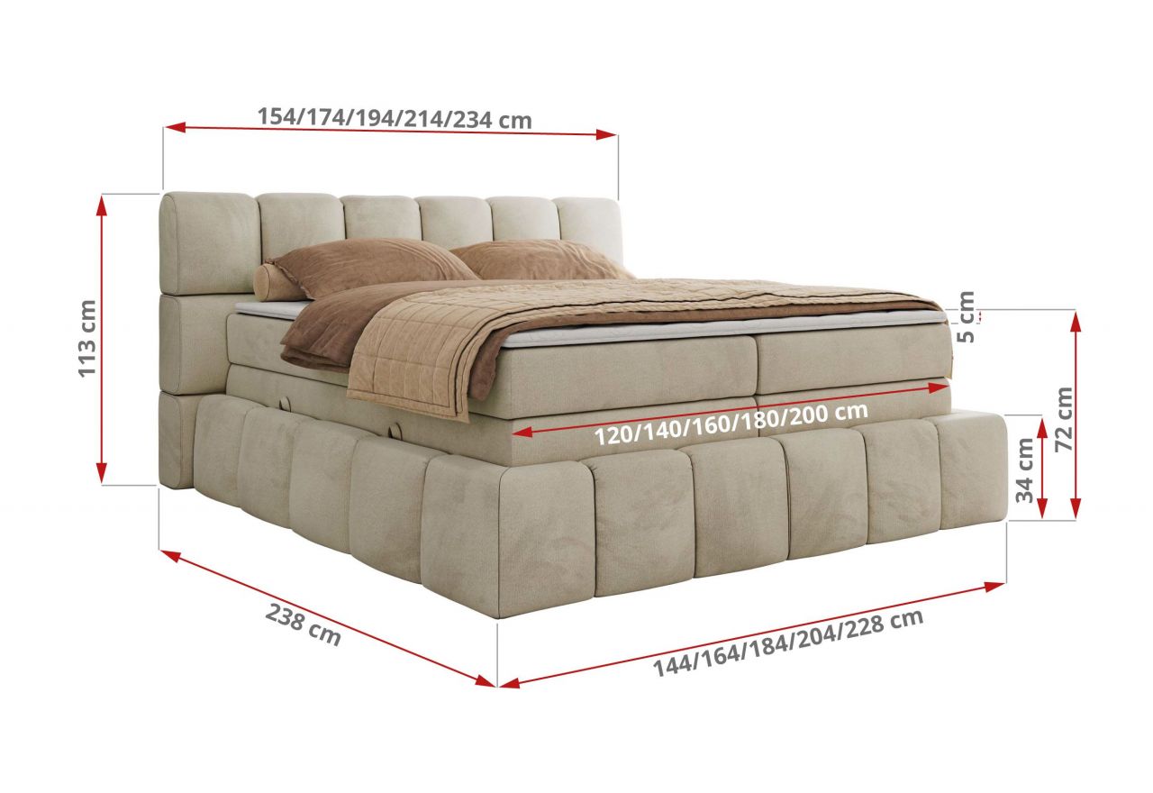 Łóżko kontynentalne - NIRA KING 160x200 - H3 - beżowy, welwet