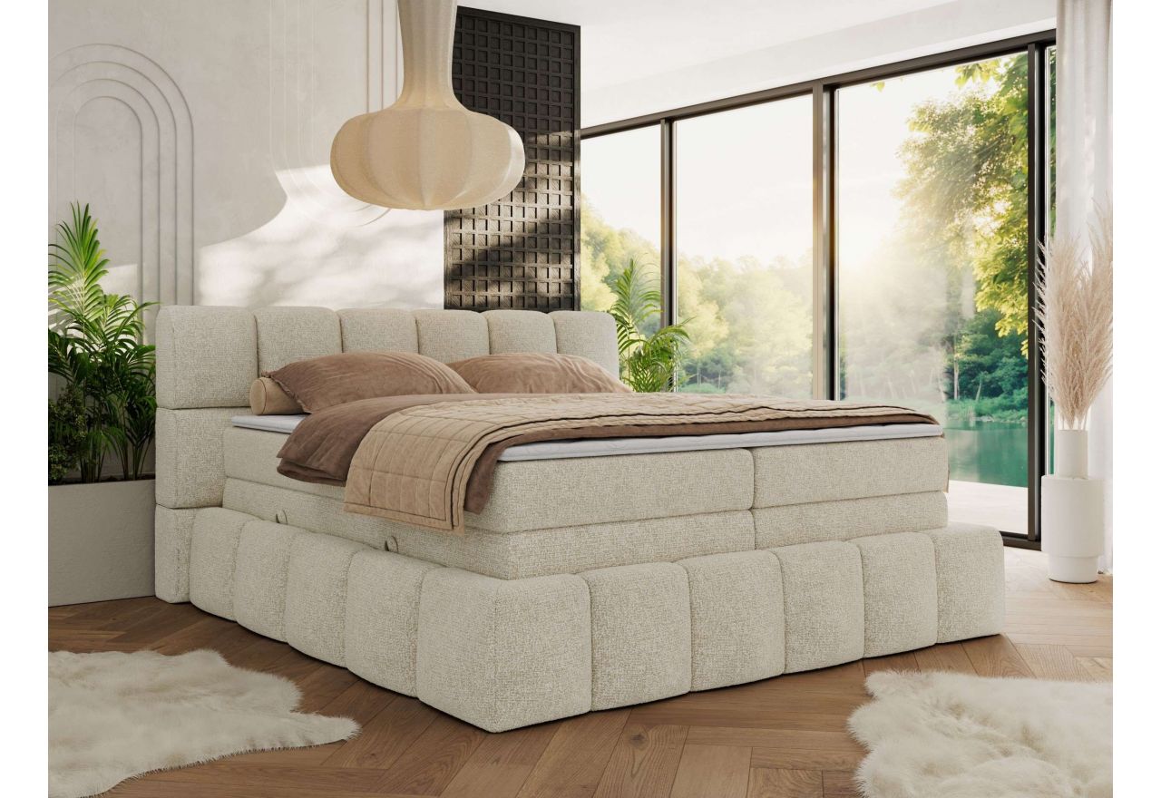 Łóżko kontynentalne - NIRA KING 140x200 - H3 - kremowy, struktura