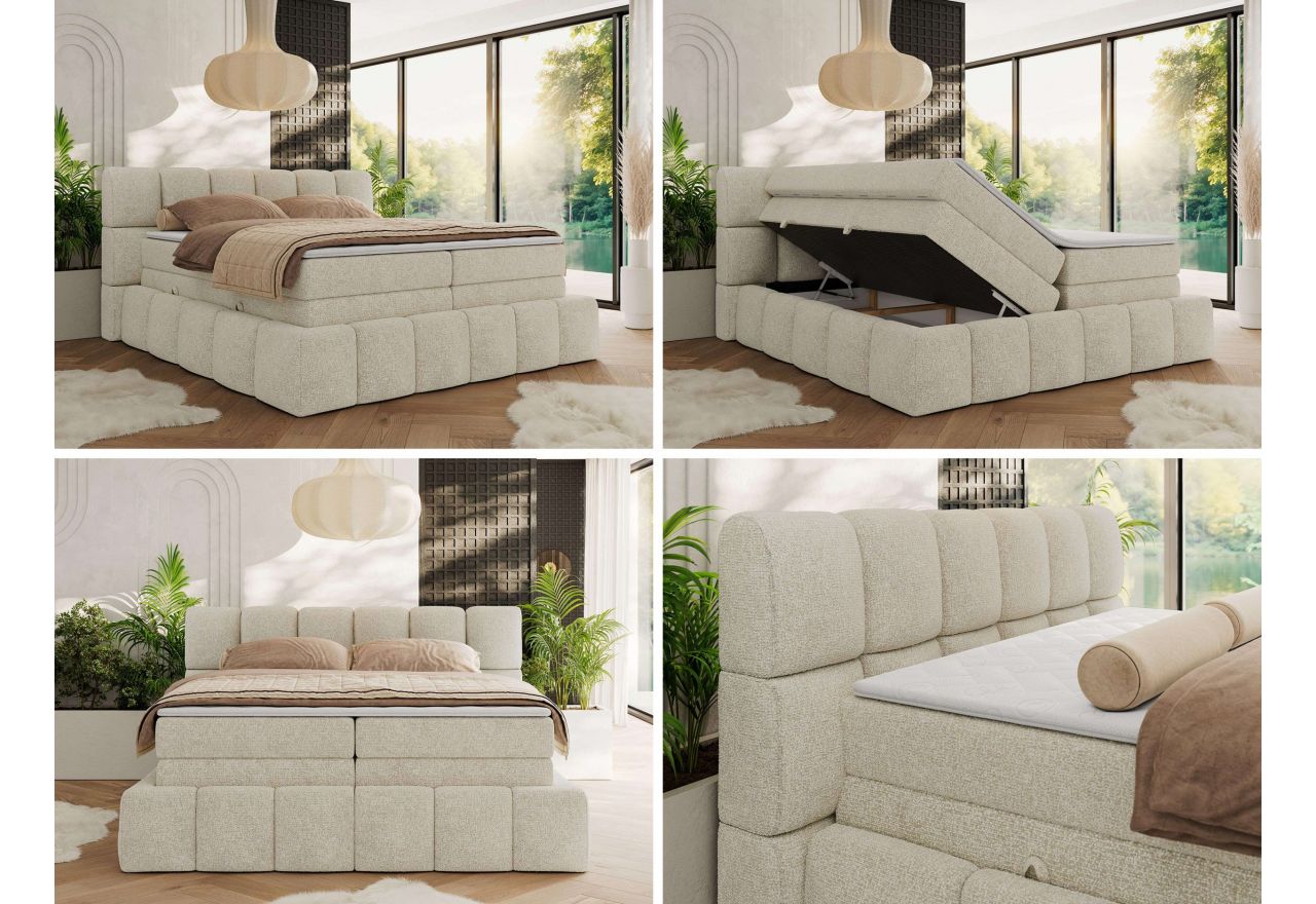 Łóżko kontynentalne - NIRA KING 180x200 - H4 - kremowy, struktura