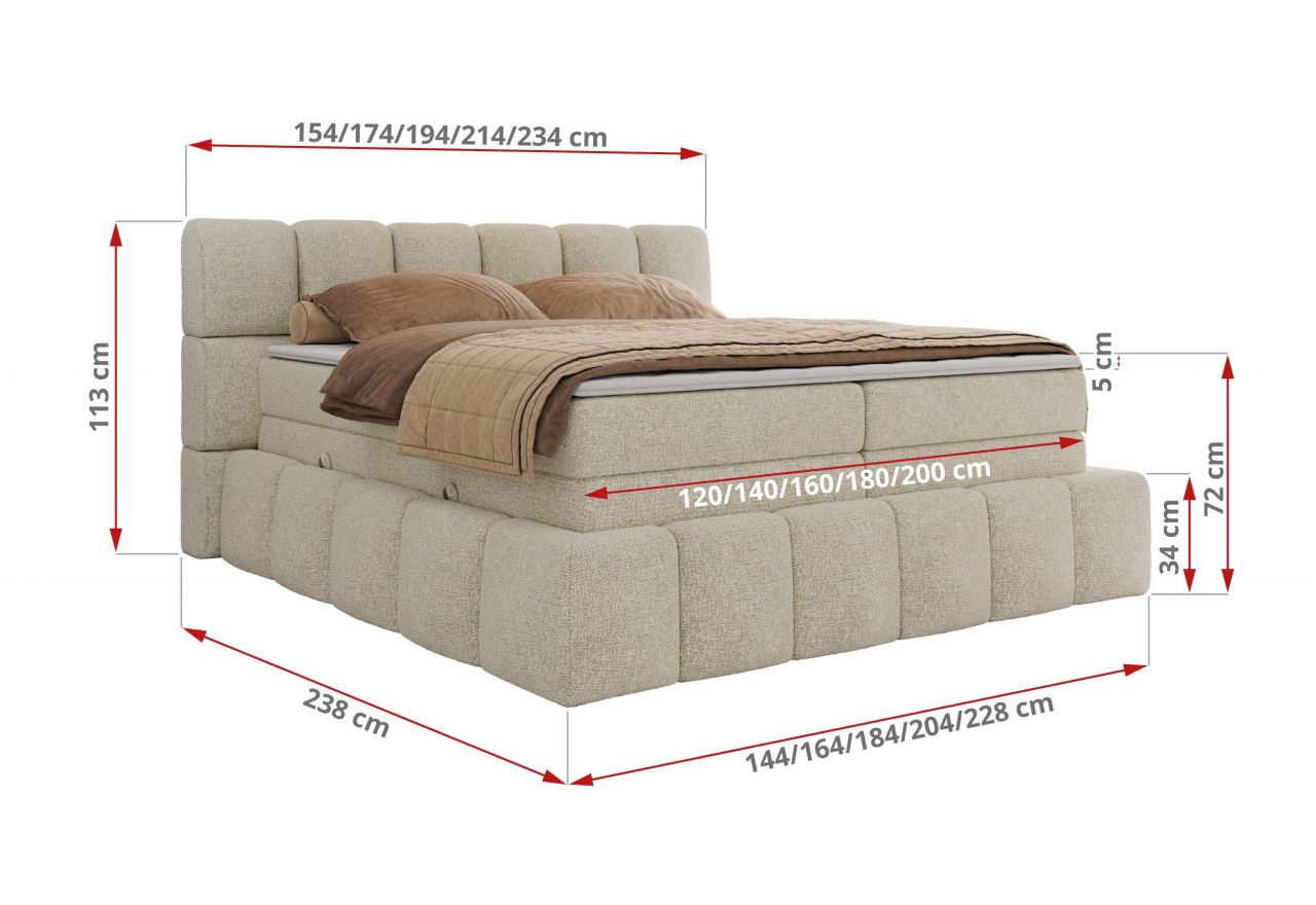 Łóżko kontynentalne - NIRA KING 200x200 - H4 - kremowy, struktura