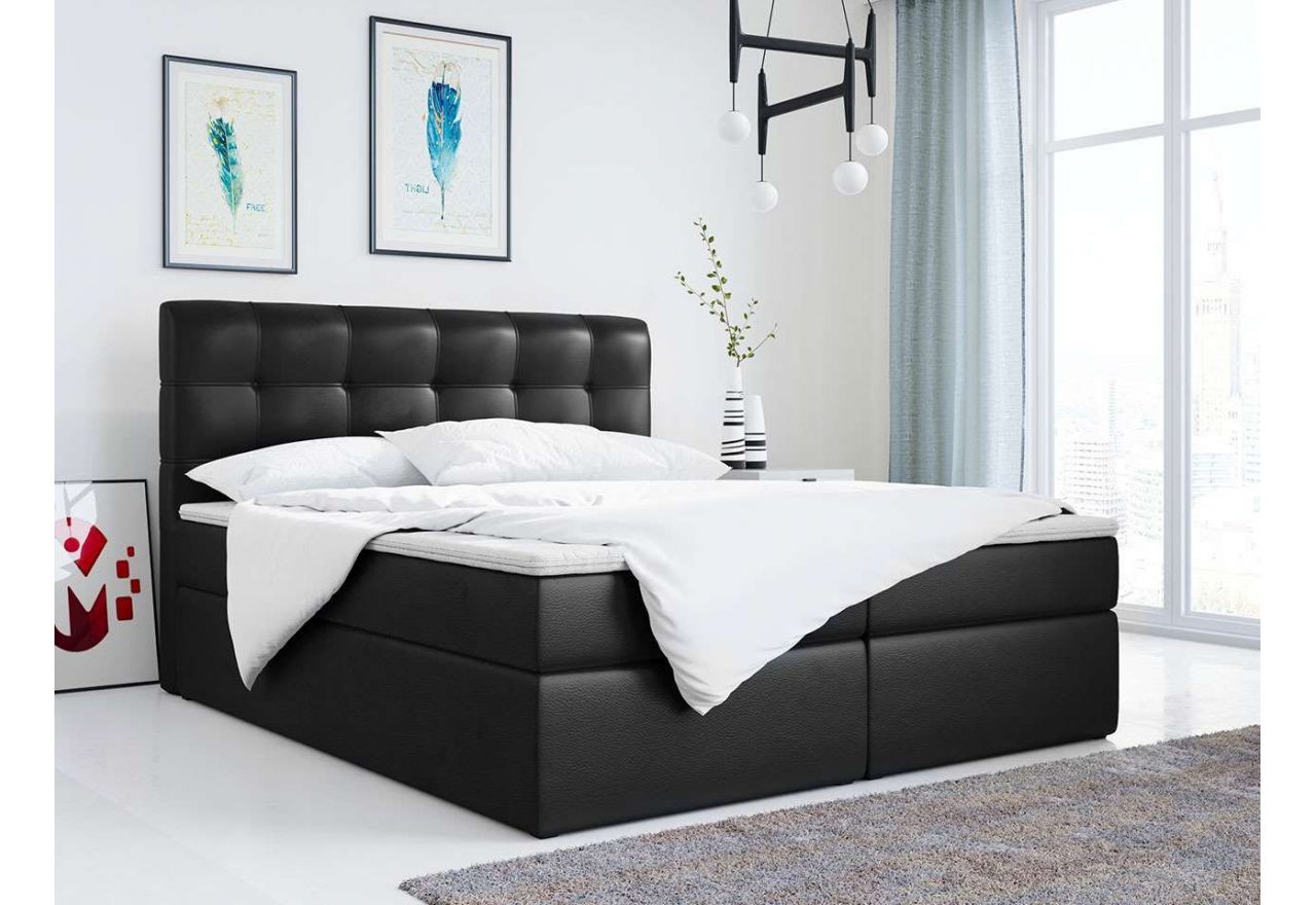Wygodne łóżko kontynentalne z pikowanym wezgłowiem i możliwością wyboru tkaniny - ERNI czarna ecoskóra