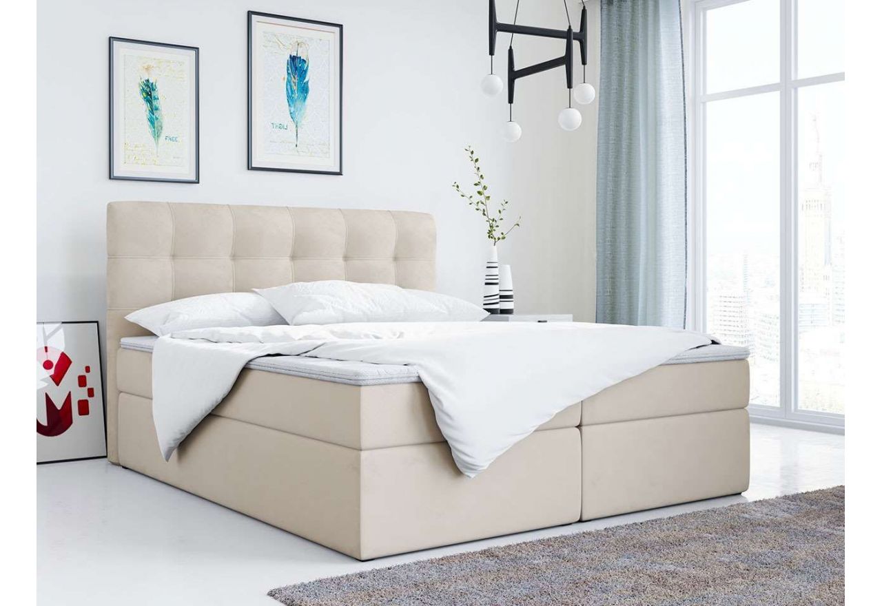 Łóżko kontynentalne z wysokim pikowanym wezgłowiem i możliwością wyboru tkaniny - ERNI beżowy welur