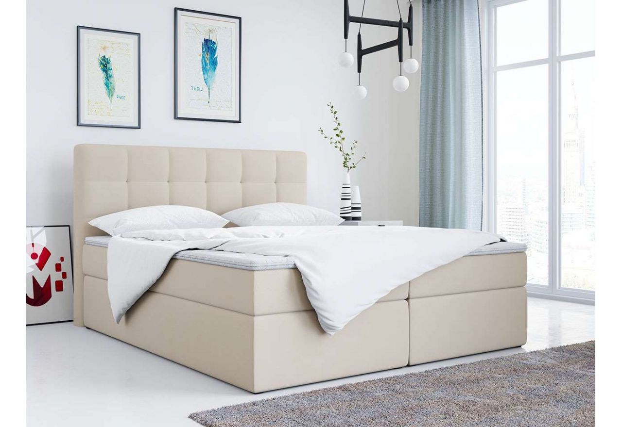 Wygodne łóżko kontynentalne z podwójnym pojemnikiem na pościel i możliwością wyboru tkaniny - LUKA beżowy welur