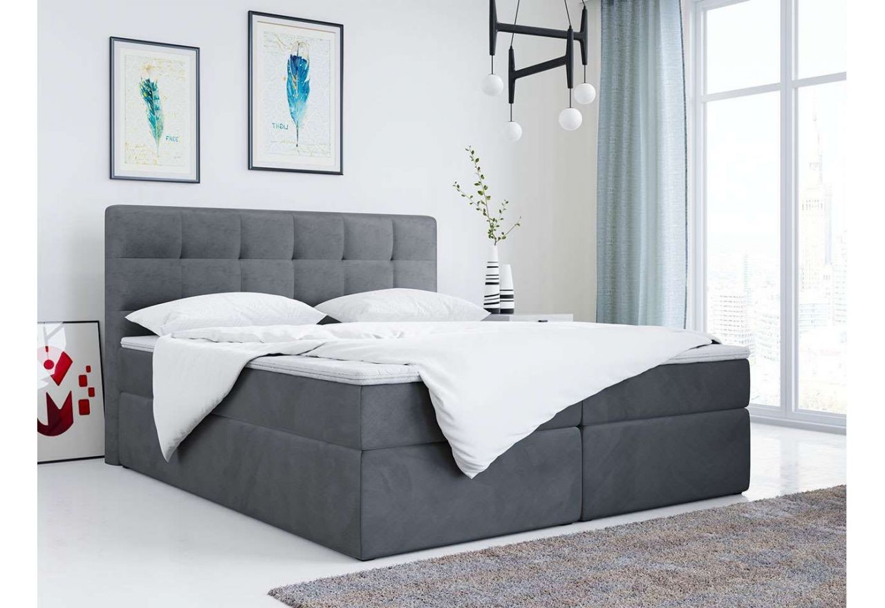 Eleganckie podwójne łóżko kontynentalne z pikowanym wezgłowiem i pojemnikiem na pościel - LUKA szara tkanina welurowa