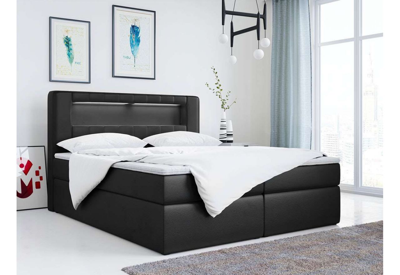 Łóżko kontynentalne w eleganckim stylu z oświetlonym wezgłowiem i opcją wyboru materaca - GOLD 5 czarna ecoskóra