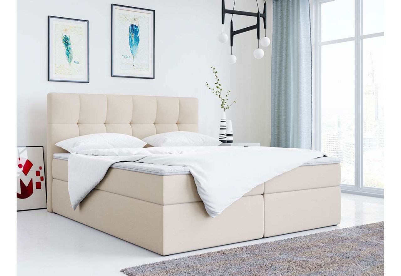 Łóżko kontynentalne do sypialni w nowoczesnym stylu z pikowanym wezgłowiem i opcją wyboru tkaniny - ALVIN beżowy welur