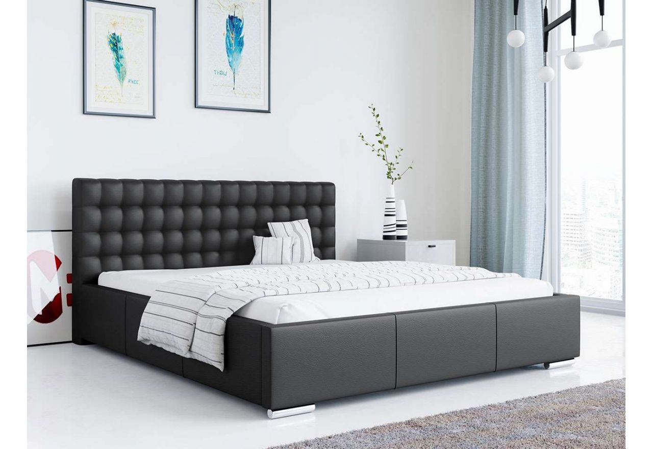 Tapicerowane łóżko z wysokim wezgłowiem i możliwością wyboru materaca - AGNES czarna ecoskóra