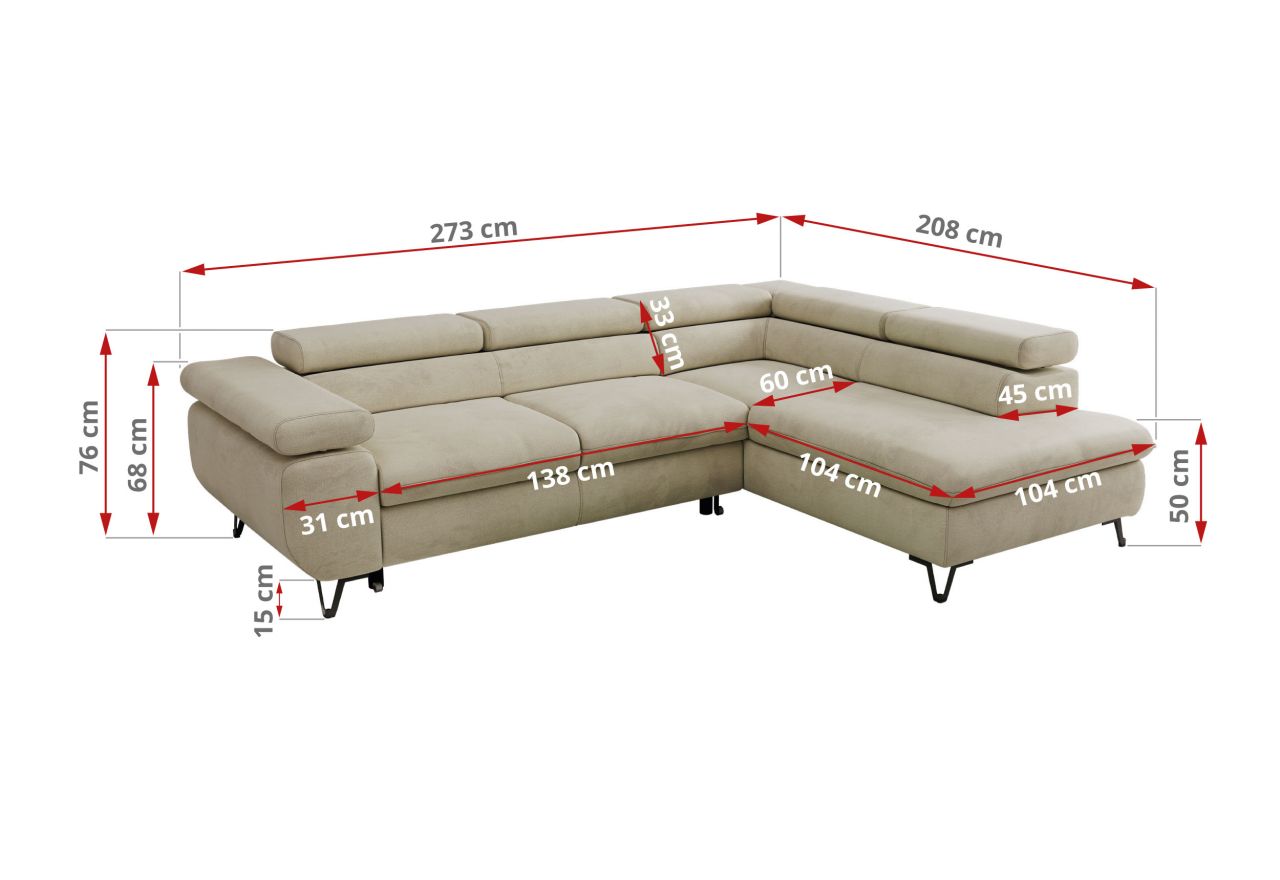 Narożnik PABLO L - strona lewa - beżowy, welwet