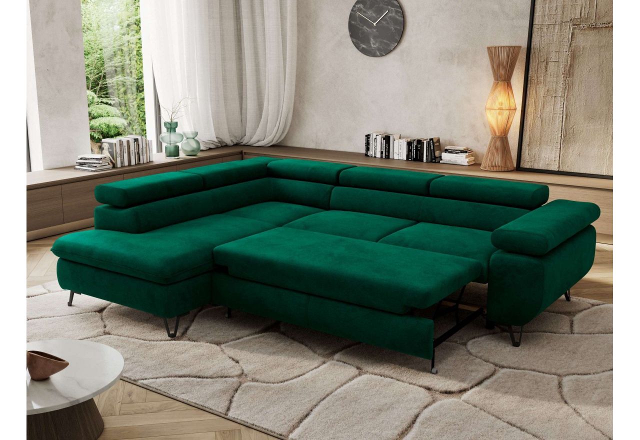 Narożnik PABLO L - strona lewa - ciemnozielony, welwet