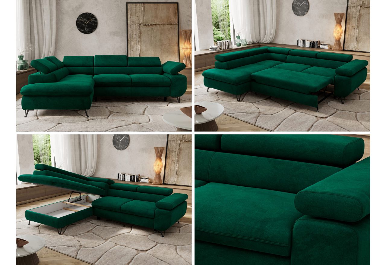 Narożnik PABLO L - strona lewa - ciemnozielony, welwet