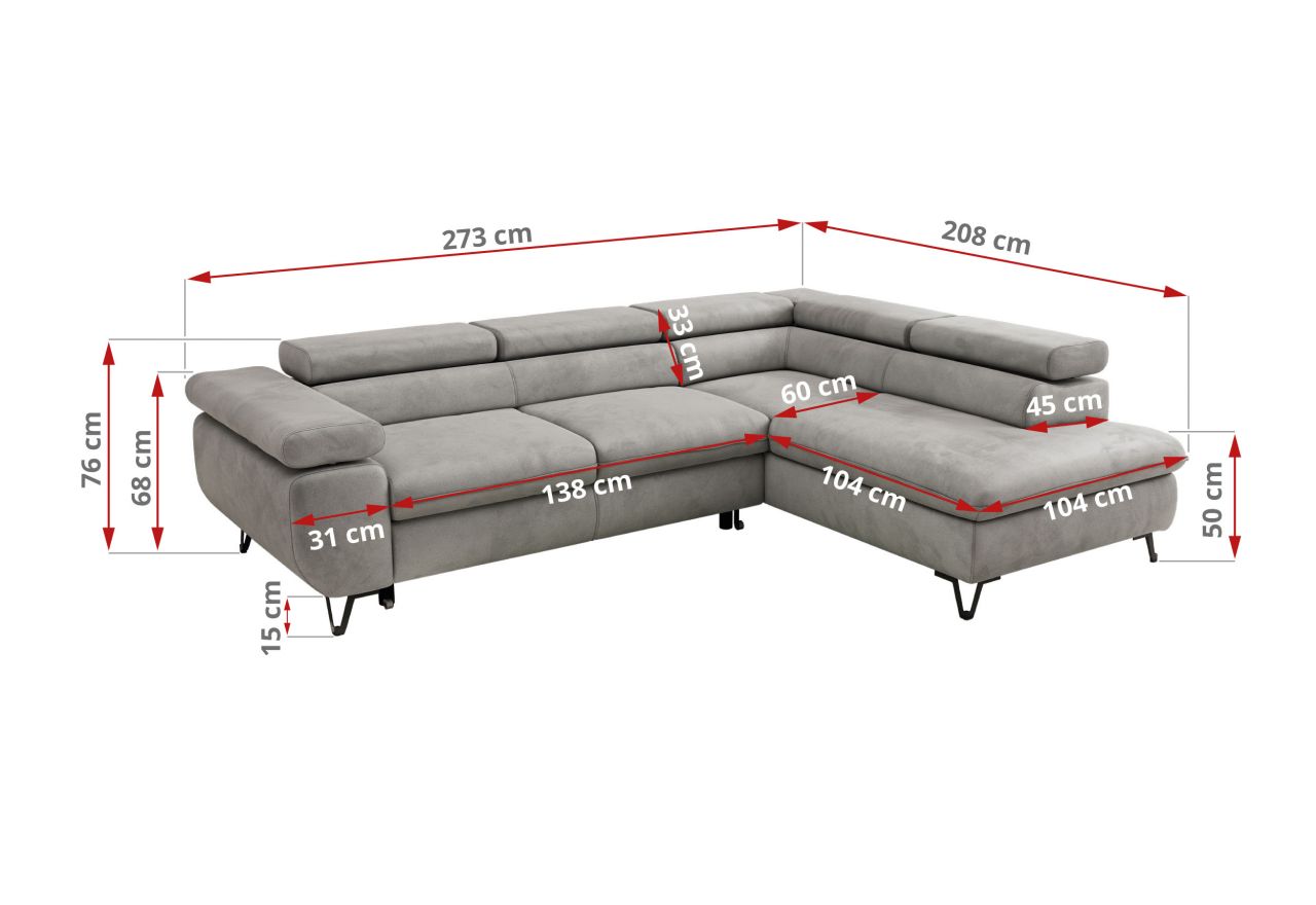 Narożnik PABLO L - strona lewa - jasnoszary, welwet