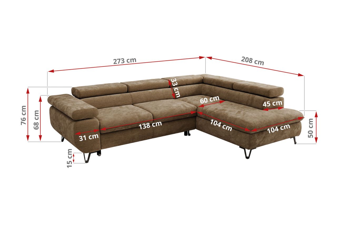 Narożnik PABLO L - strona lewa - brązowy, szenil gładki