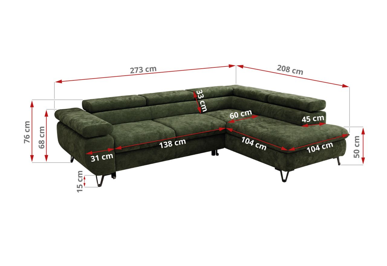 Narożnik PABLO L - strona lewa - ciemnozielony, szenil gładki