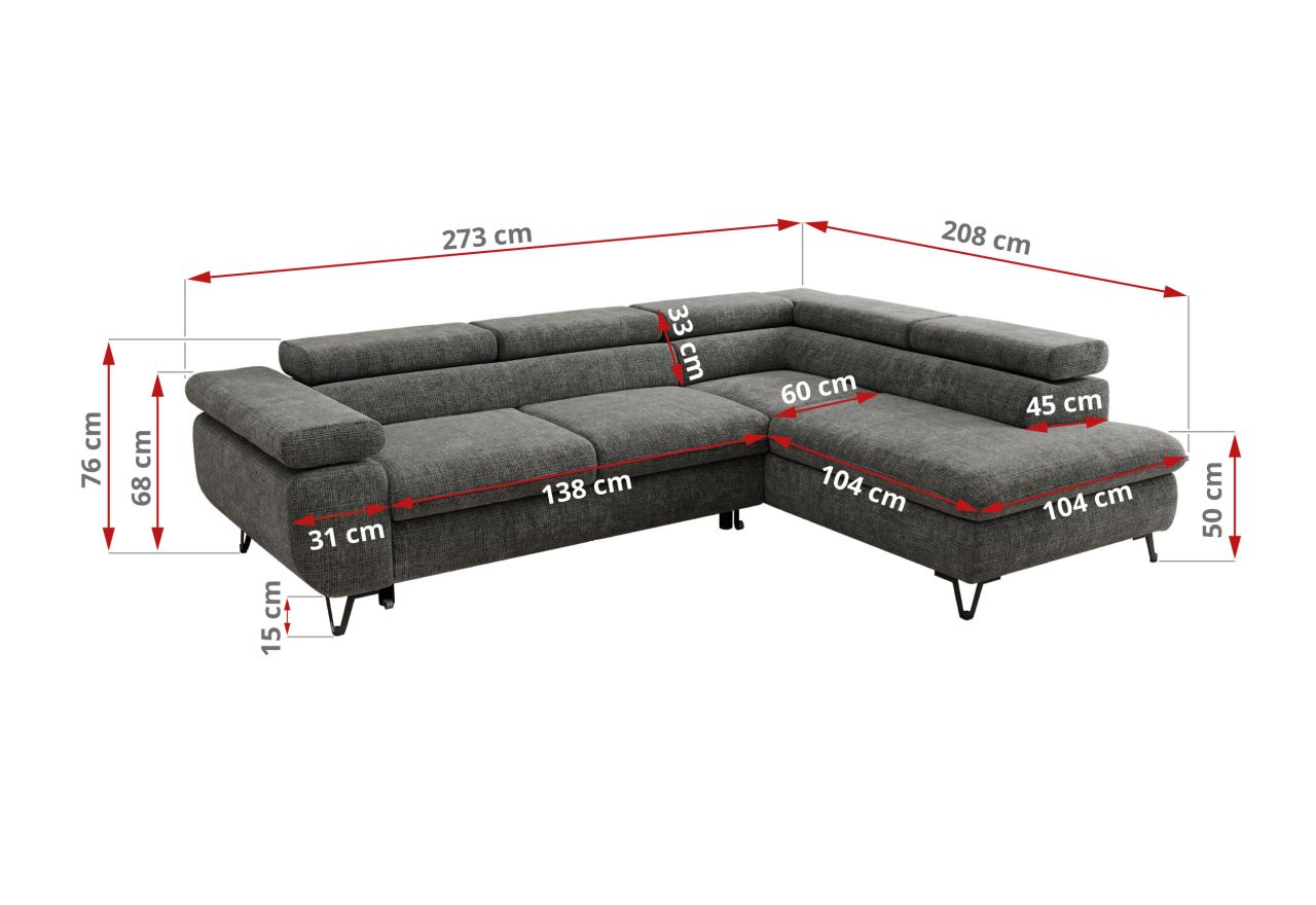 Narożnik PABLO L - strona lewa - szary, szenil grubo tkany