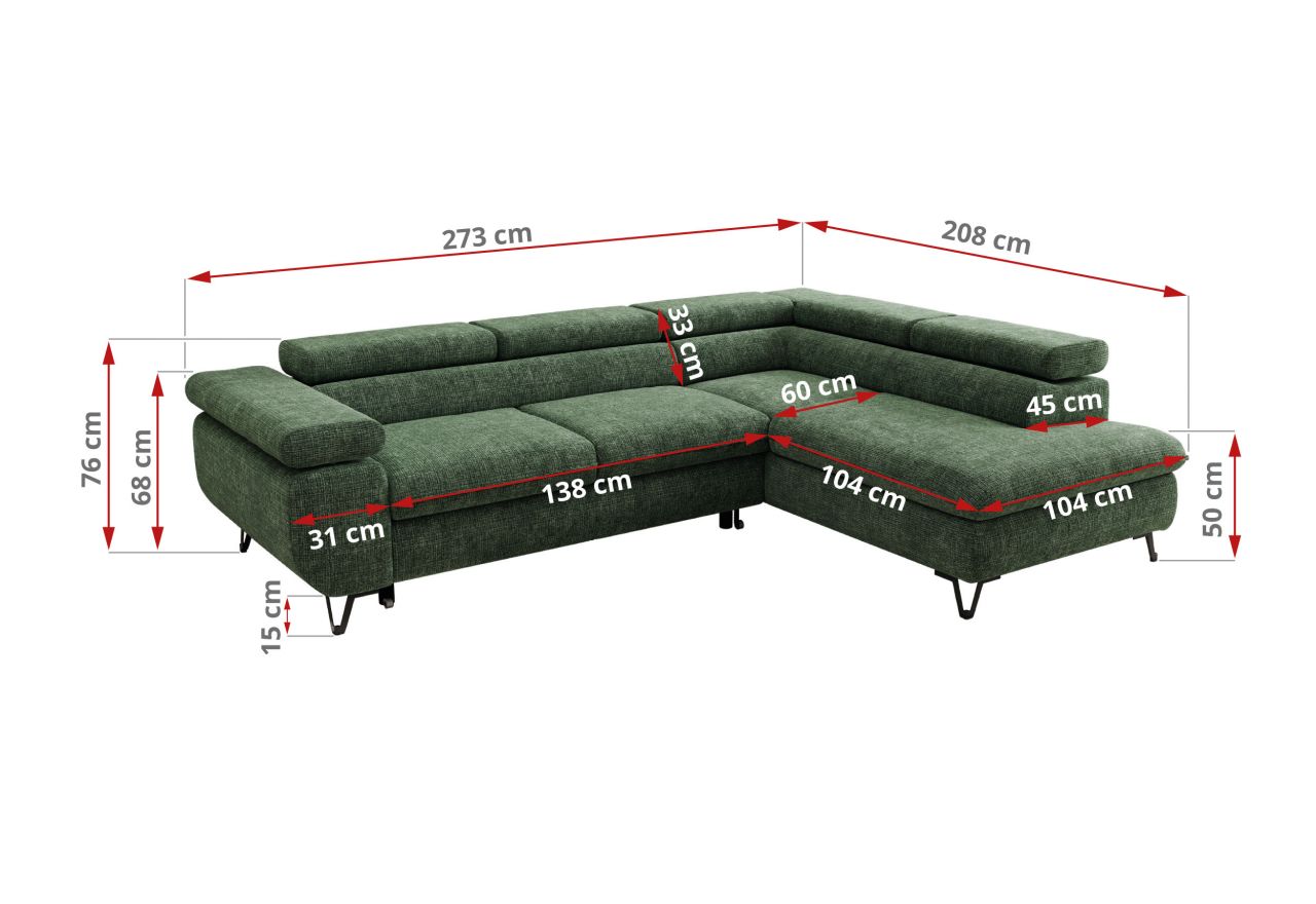 Narożnik PABLO L - strona lewa - ciemnozielony, szenil grubo tkany