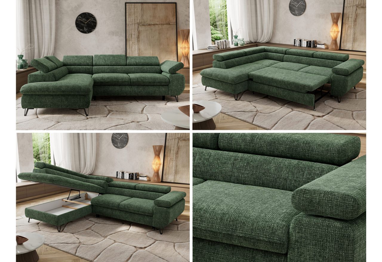 Narożnik PABLO L - strona lewa - ciemnozielony, szenil grubo tkany