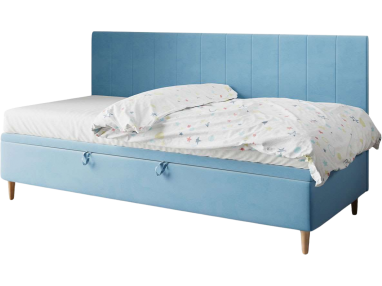 Błękitne kontynentalne łóżko jednoosobowe z pojemnikiem do pokoju dziecka i nastolatka - STAŚ 2 Magic Velvet 2260