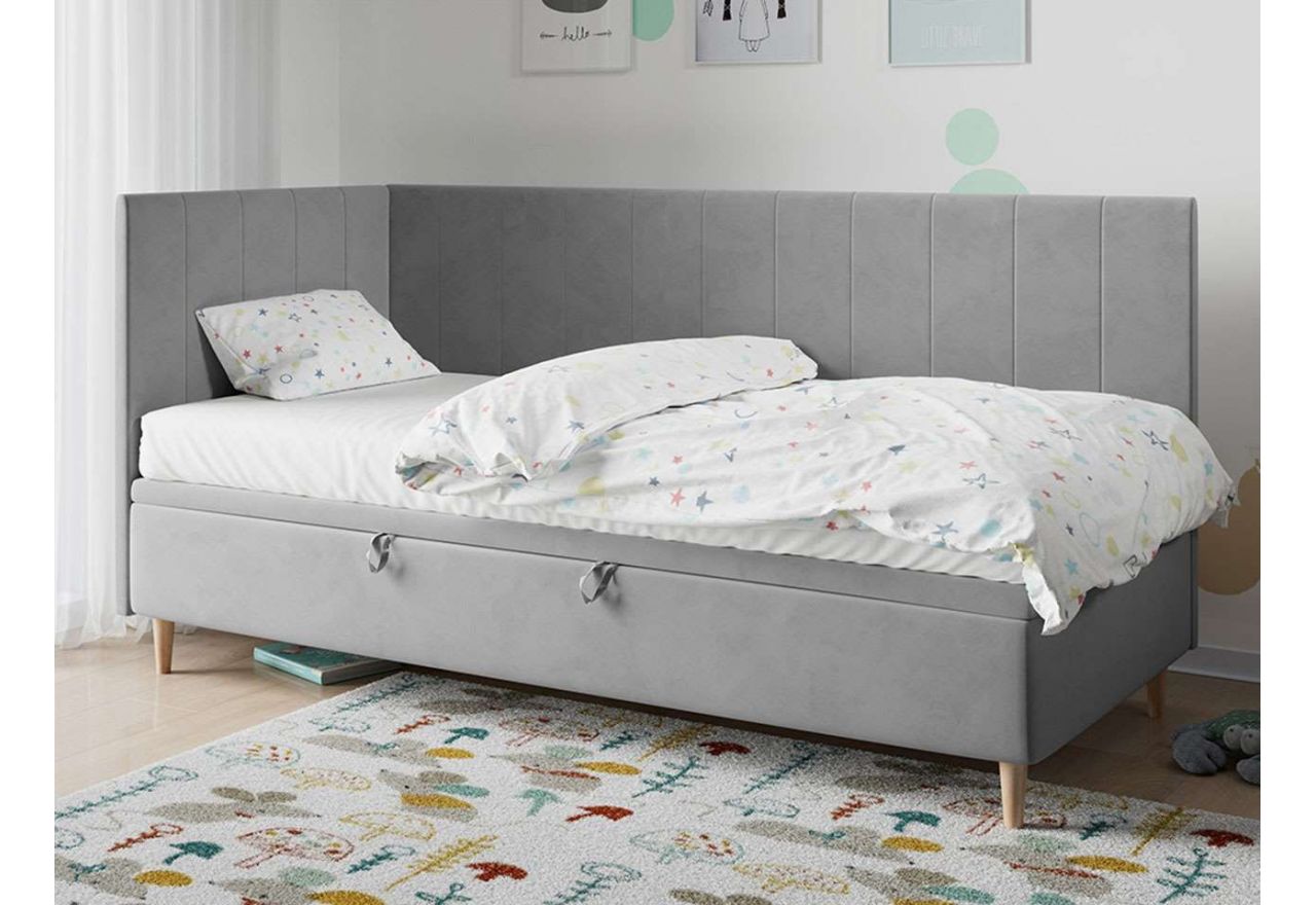 Jednoosobowe kontynentalne łóżko na wysokich, drewnianych nóżkach do pokoju dziecka - STAŚ 3 Magic Velvet 2240