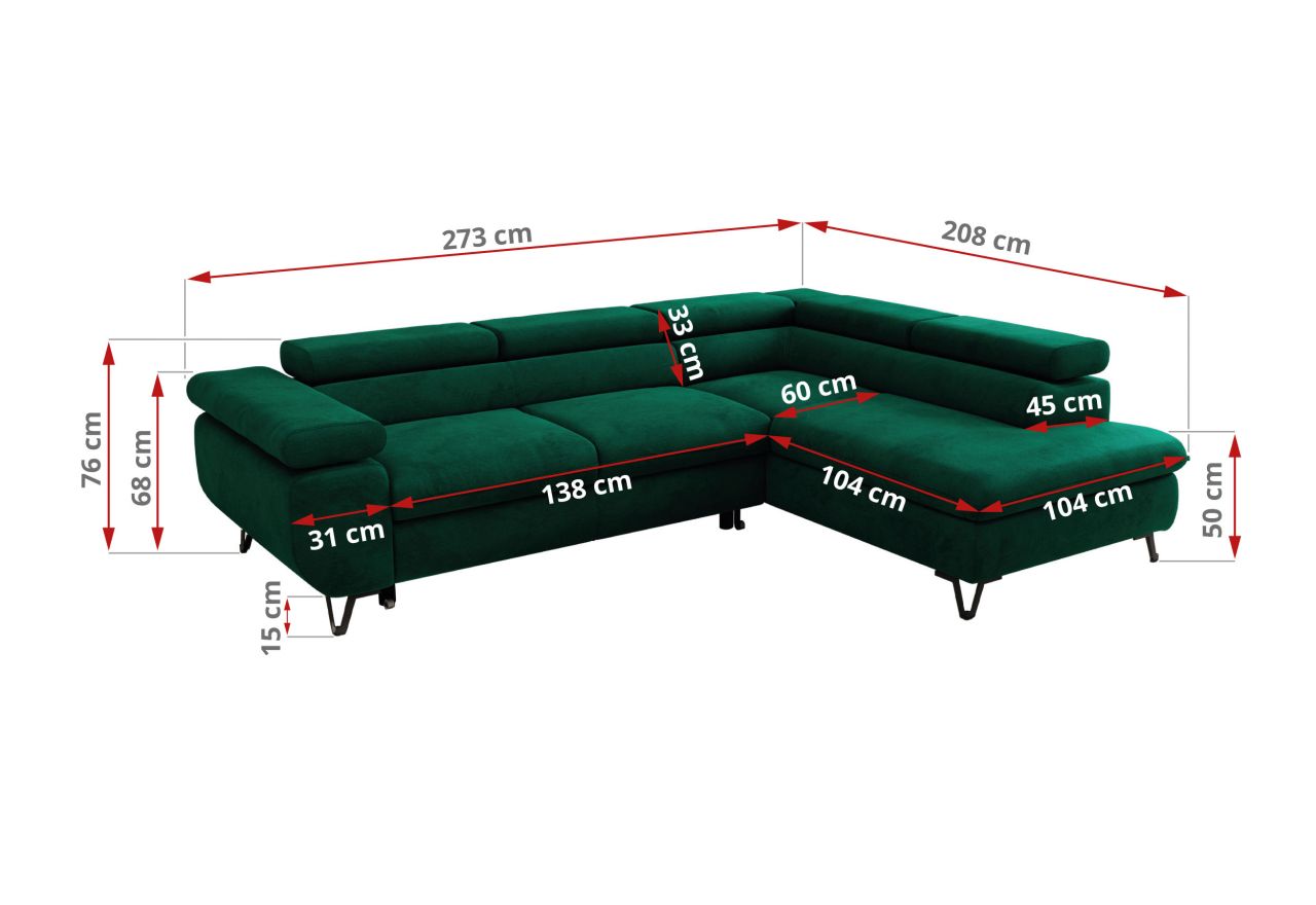 Narożnik PABLO L - strona prawa - ciemnozielony, welwet - Topper Visco