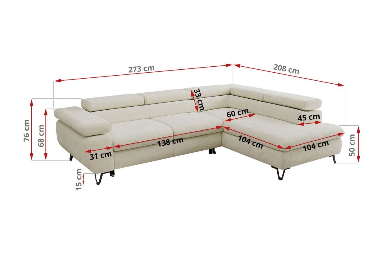 Narożnik PABLO L - strona prawa - kremowy, szenil gładki - Topper Visco