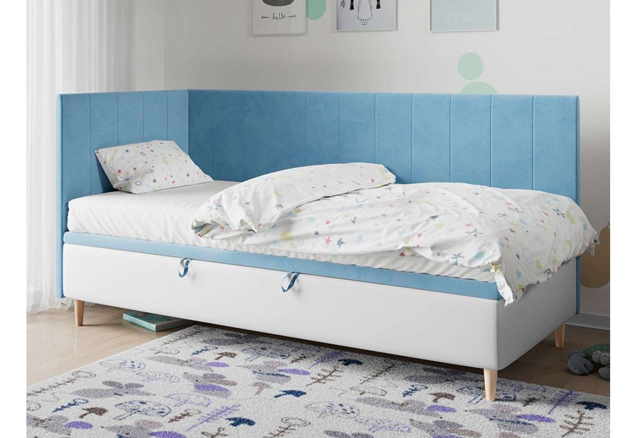 Błękitno białe jednoosobowe łóżko z pojemnikiem na pościel do pokoju młodzieżowego - STAŚ 3 błękitny welwet i biała ecoskóra