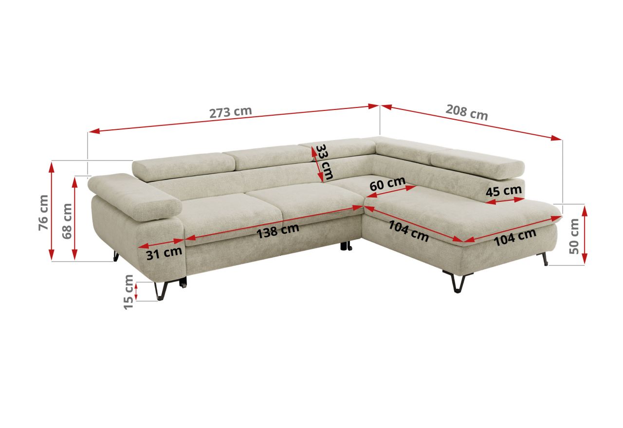 Narożnik PABLO L - strona prawa - kremowy, szenil grubo tkany - Topper Visco