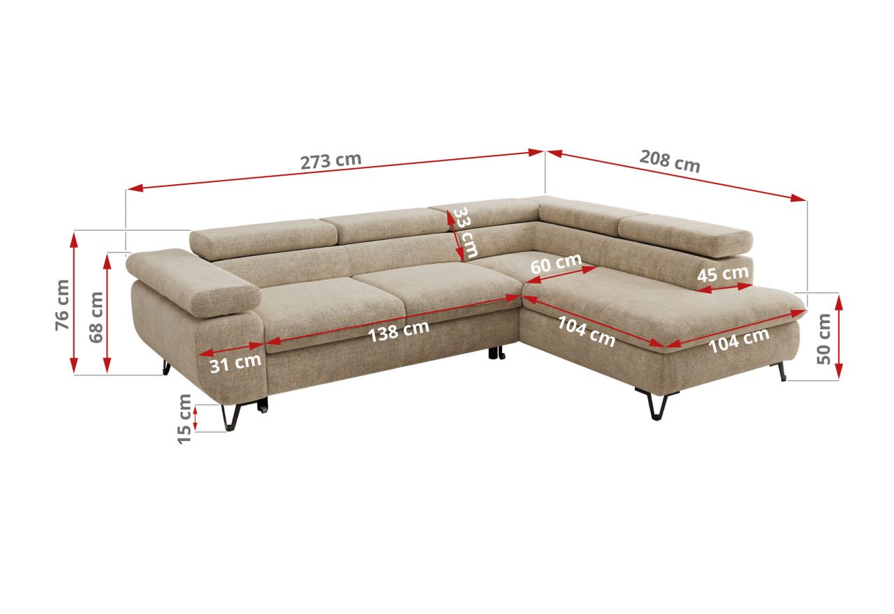 Narożnik PABLO L - strona prawa - beżowy, szenil grubo tkany - Topper Visco
