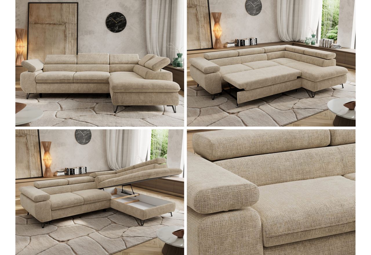 Narożnik PABLO L - strona prawa - beżowy, szenil grubo tkany - Topper Visco