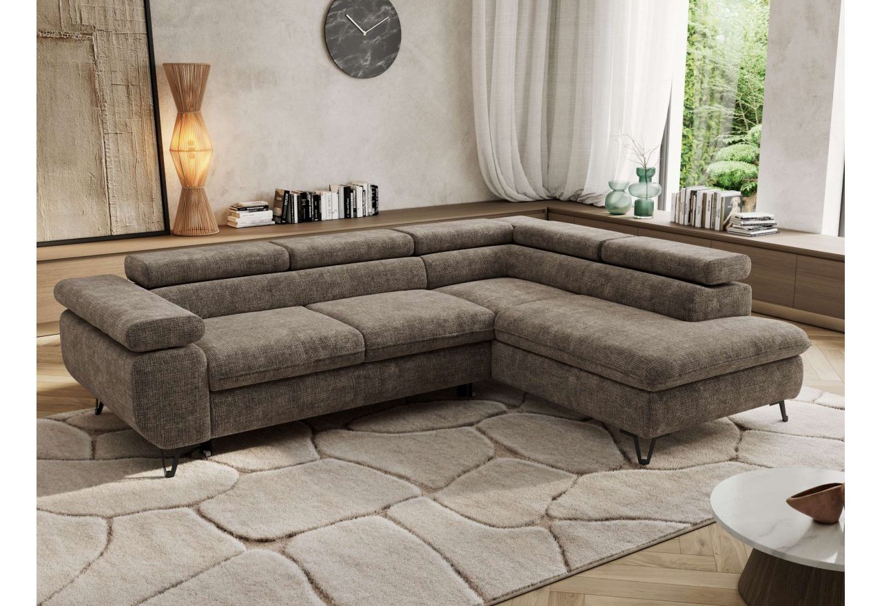 Narożnik PABLO L - strona prawa - brązowy, szenil grubo tkany - Topper Visco