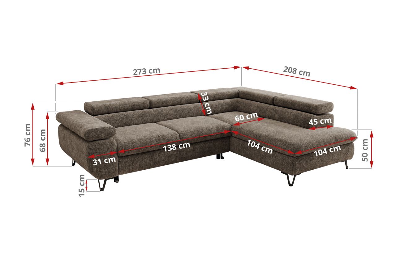 Narożnik PABLO L - strona prawa - brązowy, szenil grubo tkany - Topper Visco