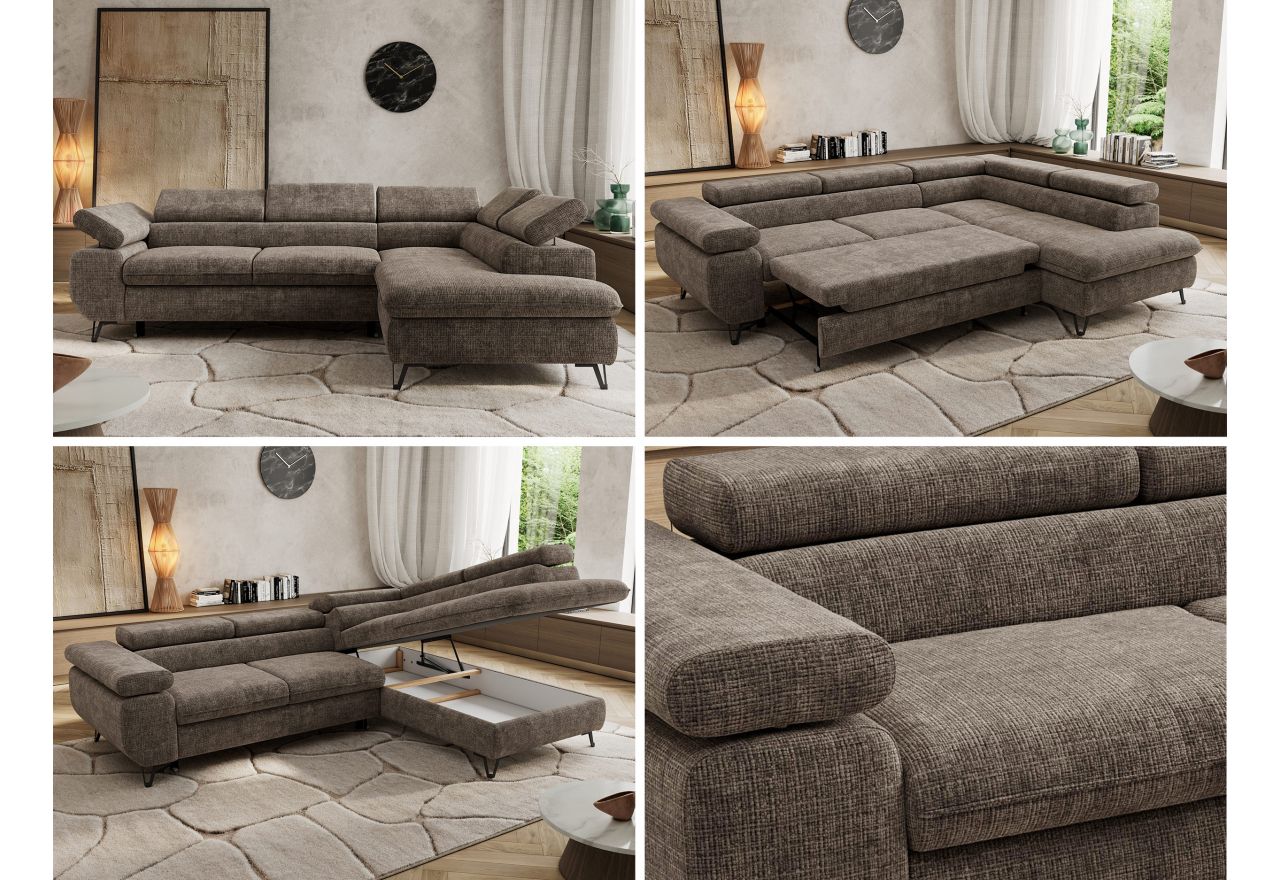 Narożnik PABLO L - strona prawa - brązowy, szenil grubo tkany - Topper Visco