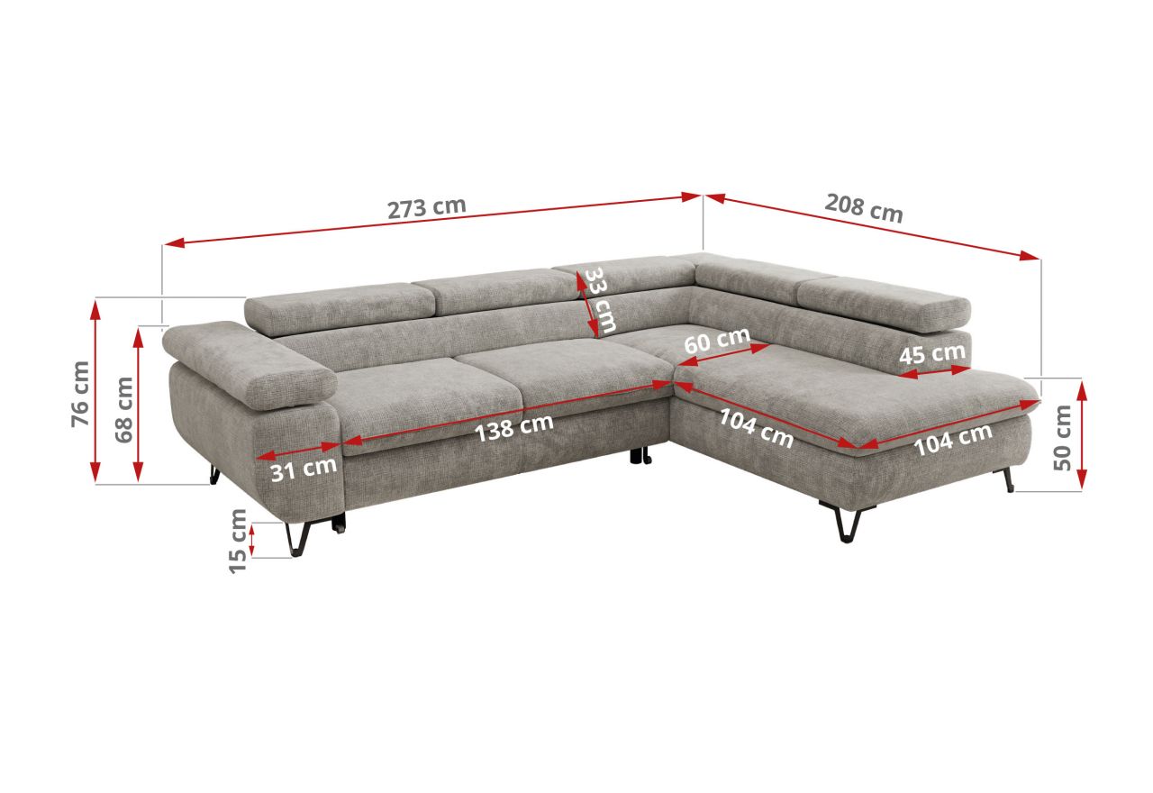 Narożnik PABLO L - strona prawa - jasnoszary, szenil grubo tkany - Topper Visco