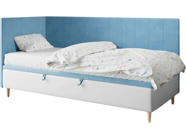 Błękitno białe jednoosobowe łóżko z pojemnikiem na pościel do pokoju młodzieżowego - STAŚ 3 Magic Velvet 2260 / Madryt 920