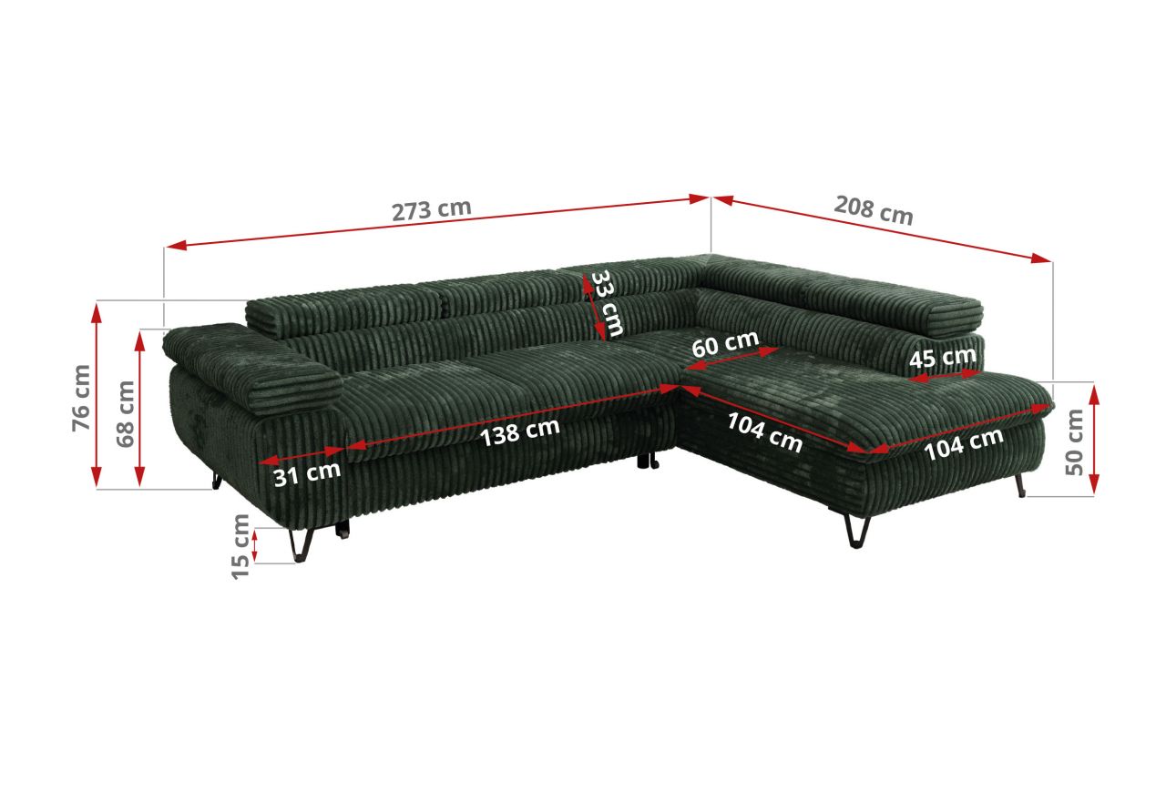 Narożnik PABLO L - strona prawa - ciemnozielony, sztruks - Topper Visco