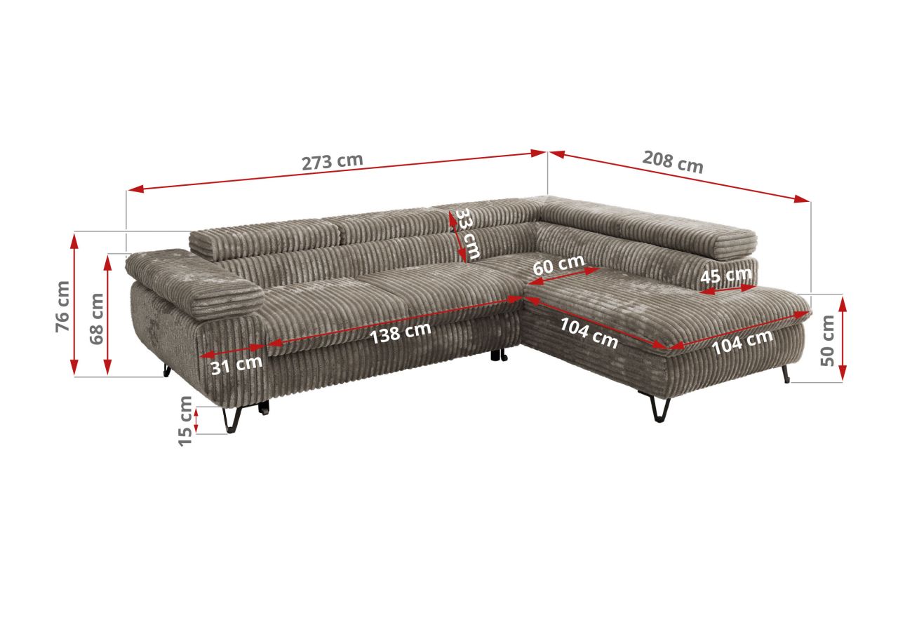 Narożnik PABLO L - strona prawa - jasnobrązowy, sztruks - Topper Visco
