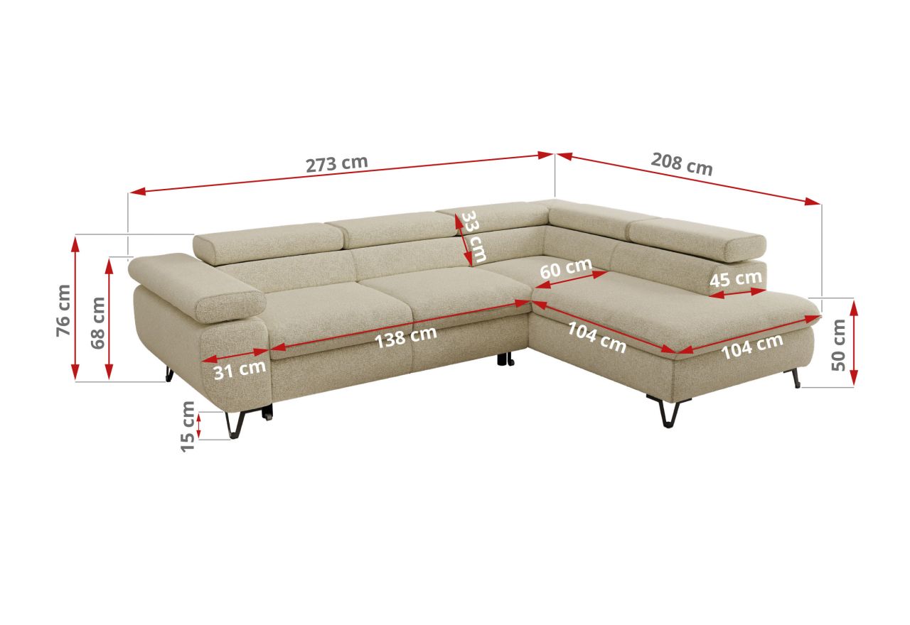 Narożnik PABLO L - strona prawa - kremowy, struktura - Topper Visco