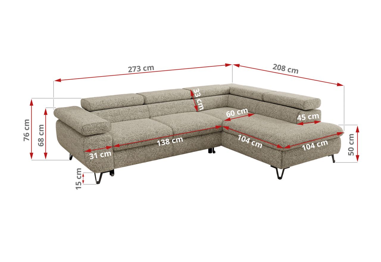 Narożnik PABLO L - strona prawa - beżowy, struktura - Topper Visco