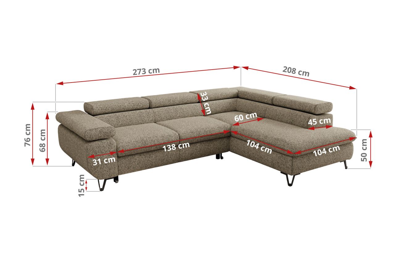 Narożnik PABLO L - strona prawa - ciemnobeżowy, struktura - Topper Visco