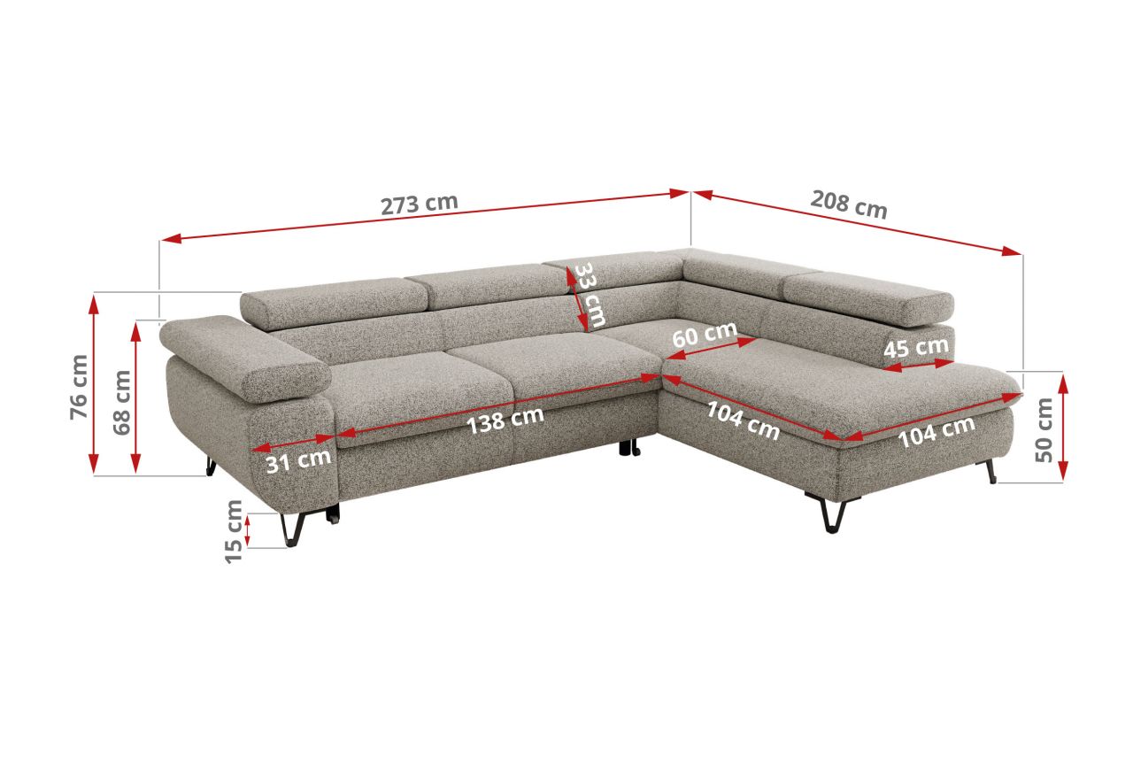 Narożnik PABLO L - strona prawa - jasnoszary, struktura - Topper Visco