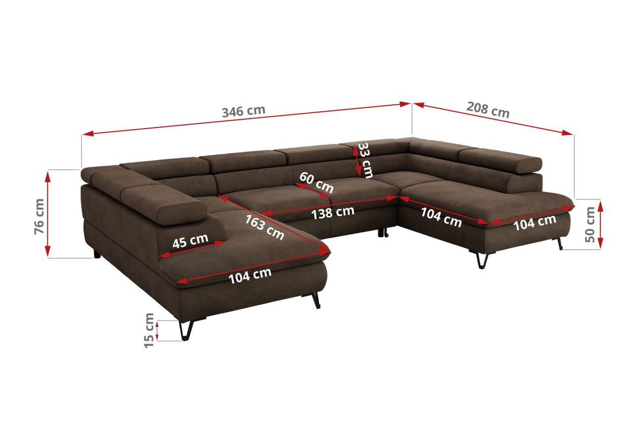 Narożnik PABLO U - uniwersalny - brązowy, welwet