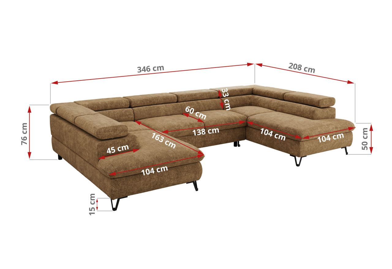 Narożnik PABLO U - uniwersalny - jasnobrązowy, szenil grubo tkany