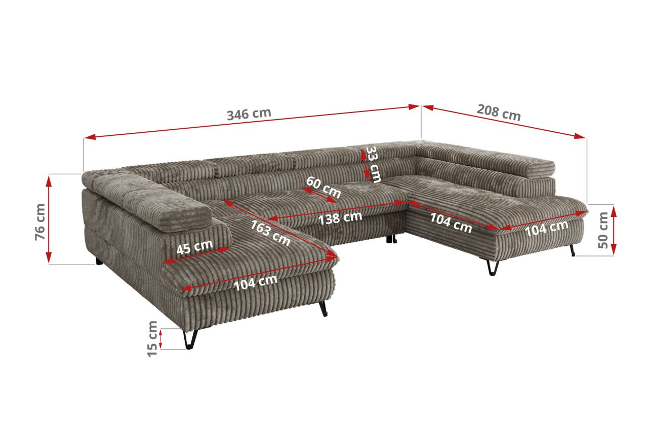 Narożnik PABLO U - uniwersalny - jasnobrązowy, sztruks