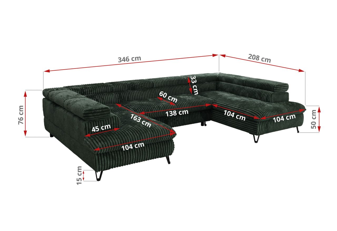 Narożnik PABLO U - uniwersalny - ciemnozielony, sztruks