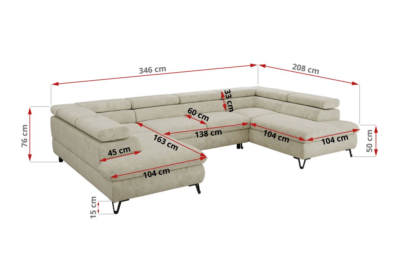Narożnik PABLO U - uniwersalny - kremowy, szenil grubo tkany - topper T25