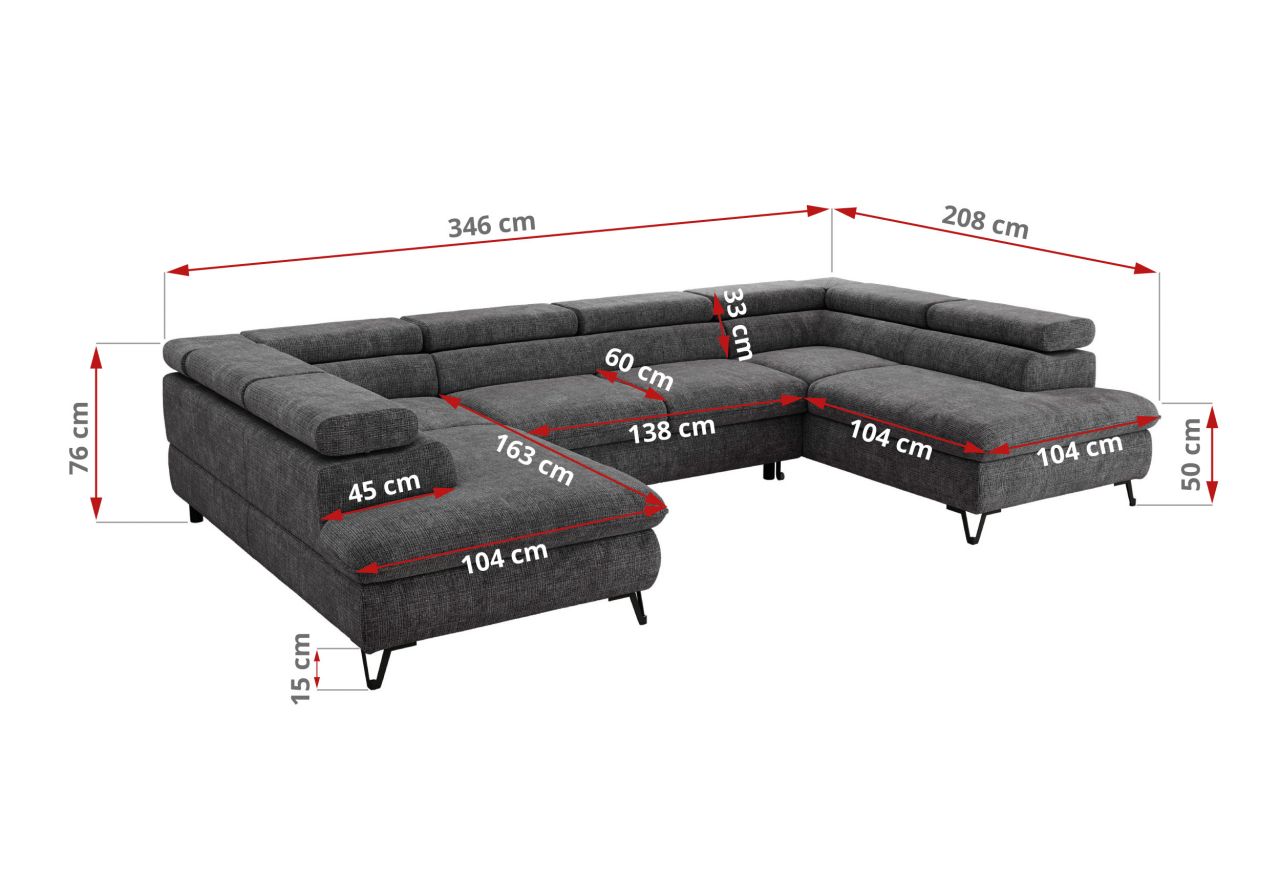 Narożnik PABLO U - uniwersalny - ciemnoszary, szenil grubo tkany - topper T25