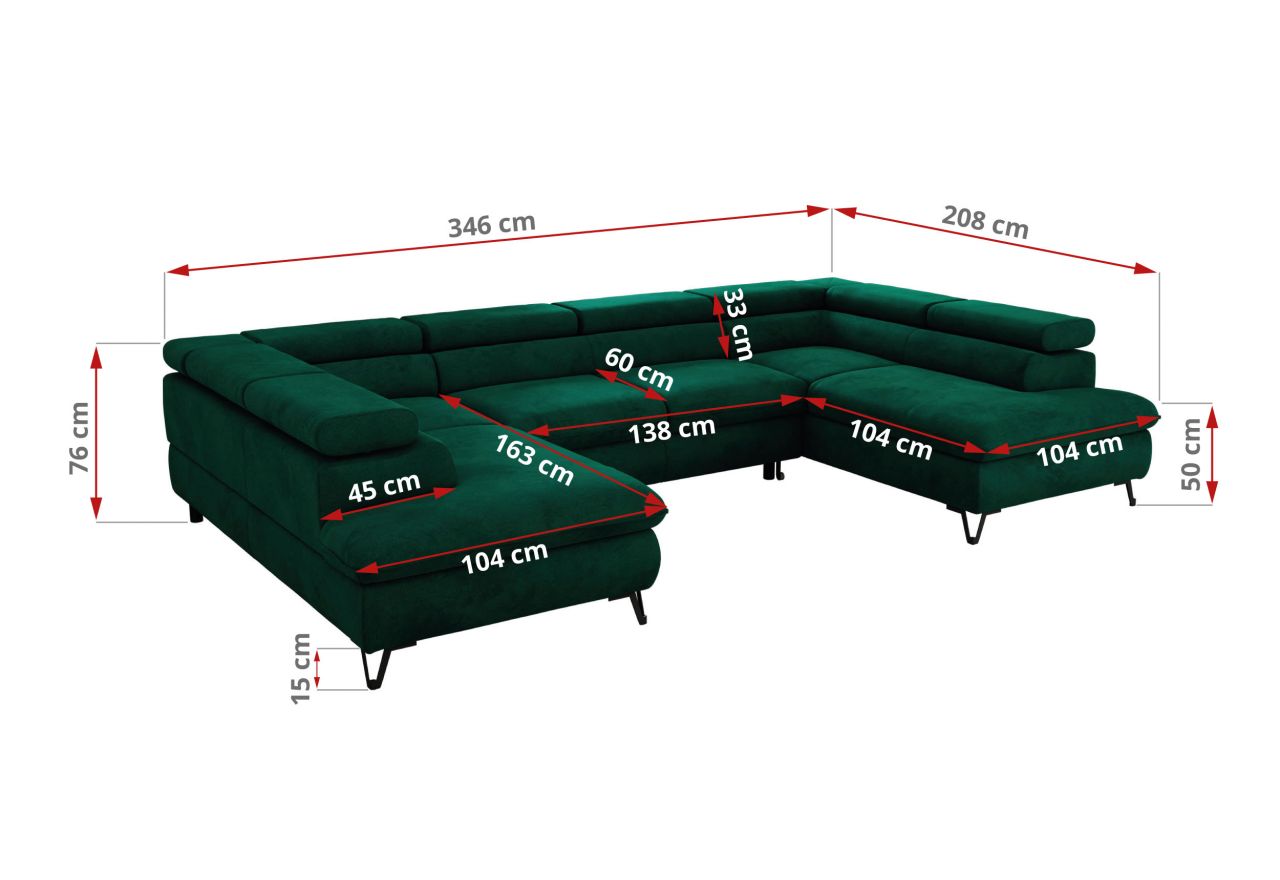 Narożnik PABLO U - uniwersalny - ciemnozielony, welwet - topper Visco