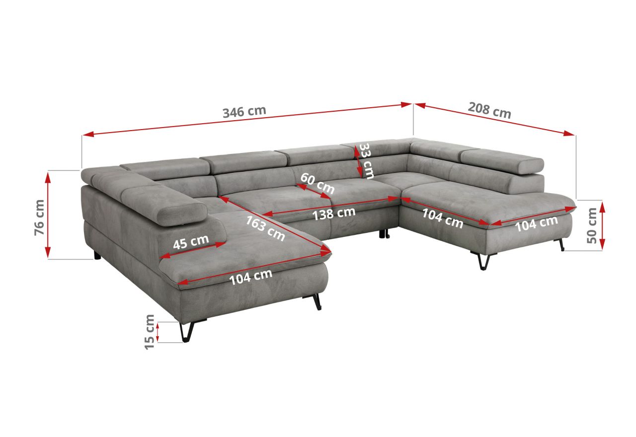 Narożnik PABLO U - uniwersalny - jasnoszary, welwet - topper Visco