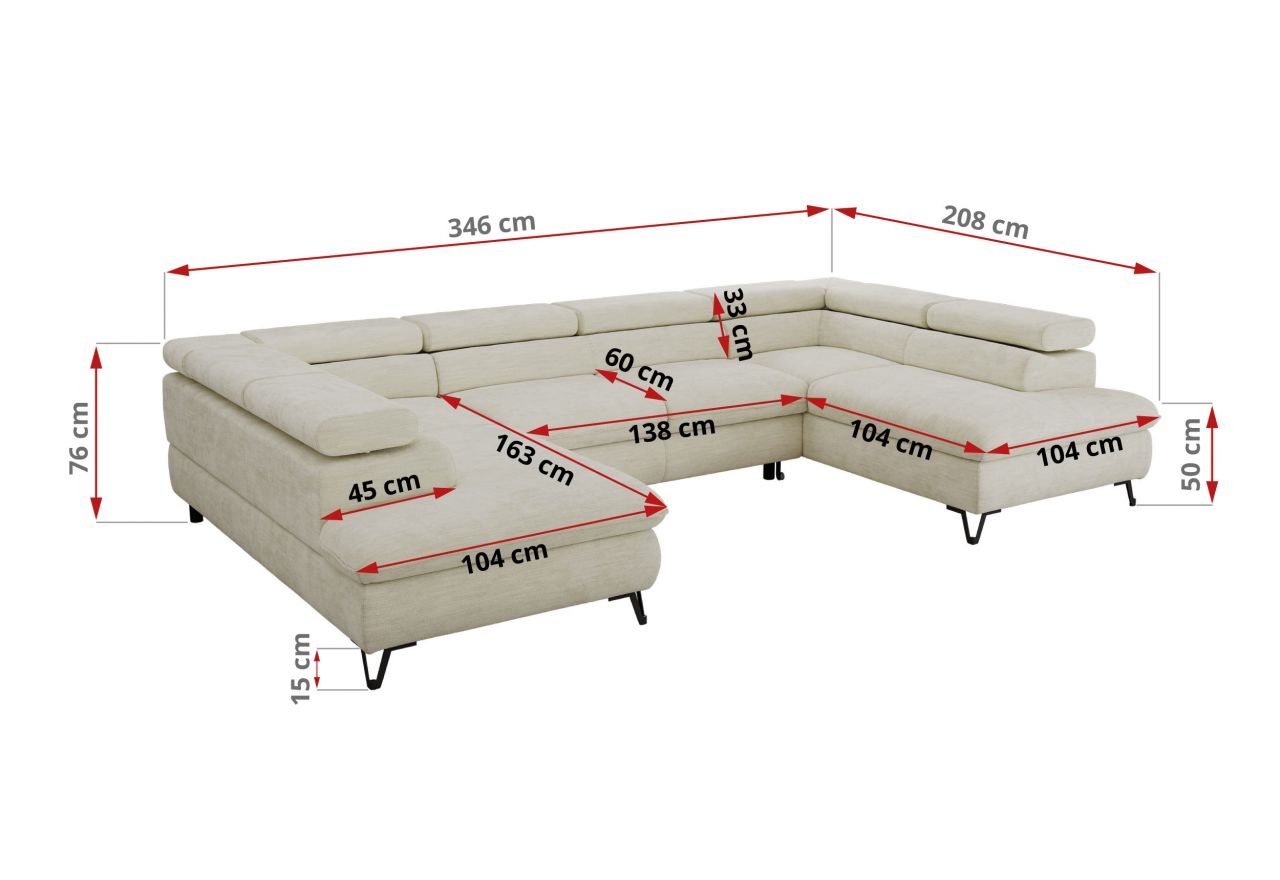 Narożnik PABLO U - uniwersalny - kremowy, szenil gładki - topper Visco